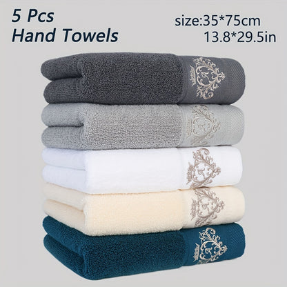 5 soft cotton hand towels with crown embroidery, quick-dry, absorbent, thick (35x75cm) for bathroom, shower, hotel, gym, spa. Available in dark gray, light gray, white, beige, teal blue. Can also be used as bath towels.