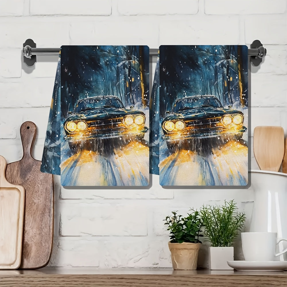 Two Coastal Style Kitchen Towels featuring a Super Absorbent Polyester Knit Fabric that is Machine Washable. These Contemporary Oblong Hand Towels are designed with Halogen Headlights and measure 40.64x60.96 cm. Perfect for adding a touch of Coastal