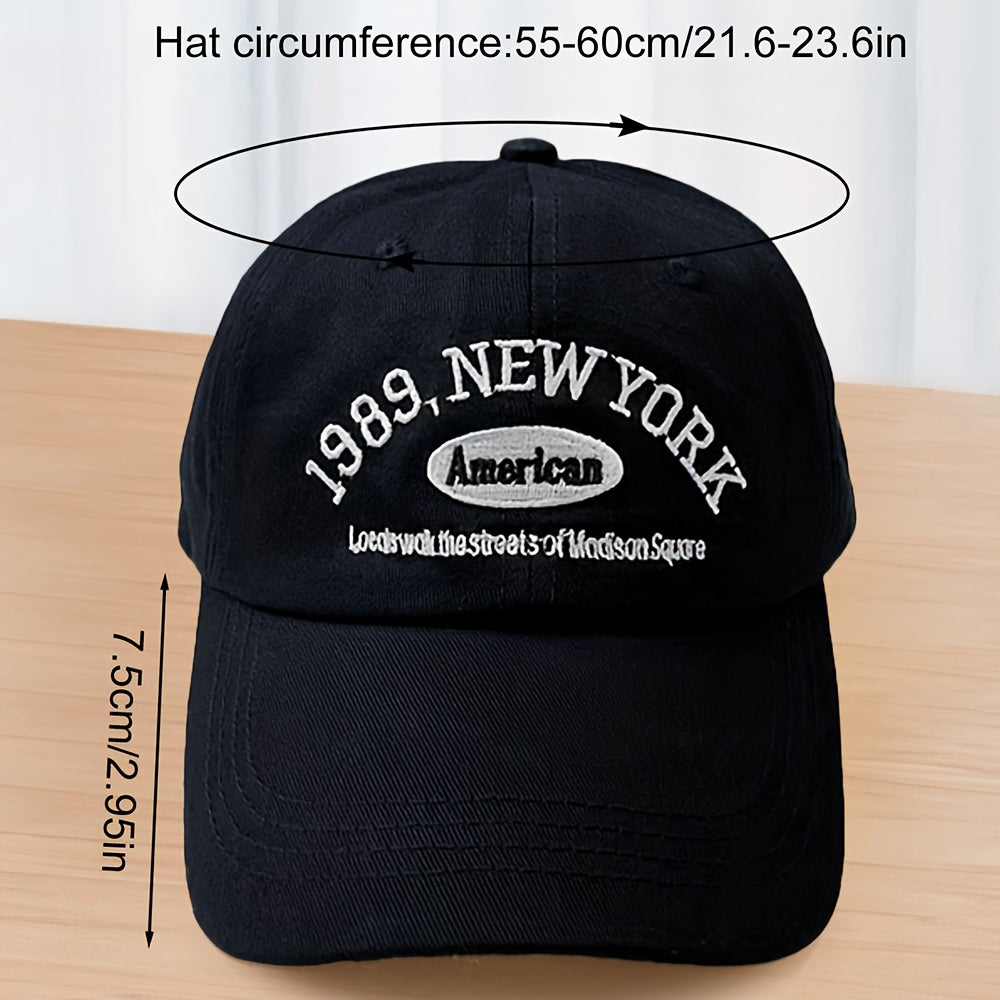 Polyester baseball cap with embroidered 1989 NY lettering. Hand wash only. Lightweight and non-stretch. Suitable for spring or autumn casual wear in a hip-hop style. Unisex design fits all