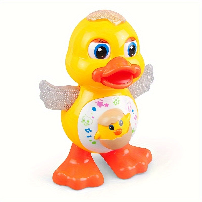 Electric Dancing Duck Toy features blinking lights, music, and adorable cartoon design – a fun interactive toy for kids, powered by batteries (not included). Makes a great gift for Christmas, Halloween, and any holiday season. Perfect for young children.