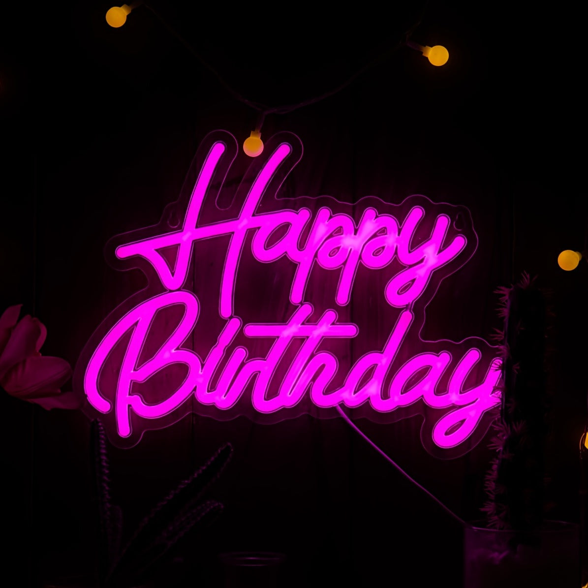 Happy Birthday Neon Sign; USB-powered plastic wall light with switch control, perfect for birthday party decor.