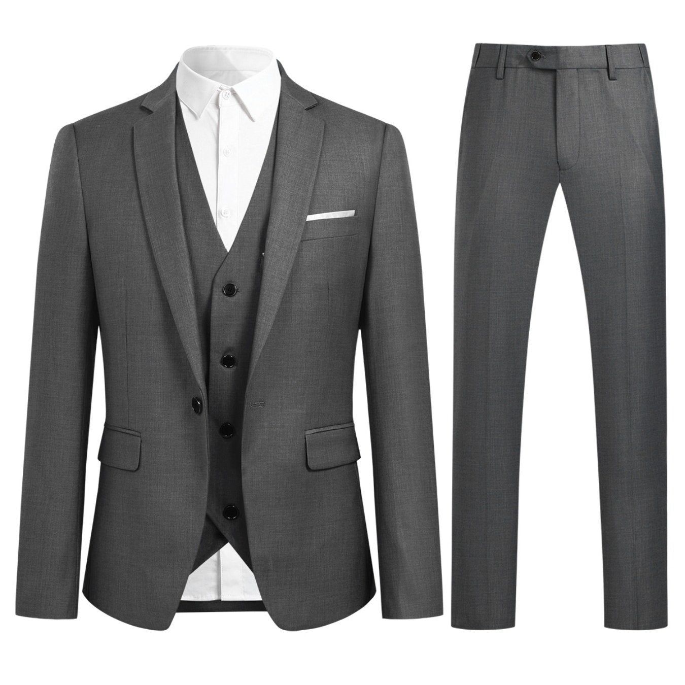 Men's single buttoned jacket and three-piece suit in a solid color.