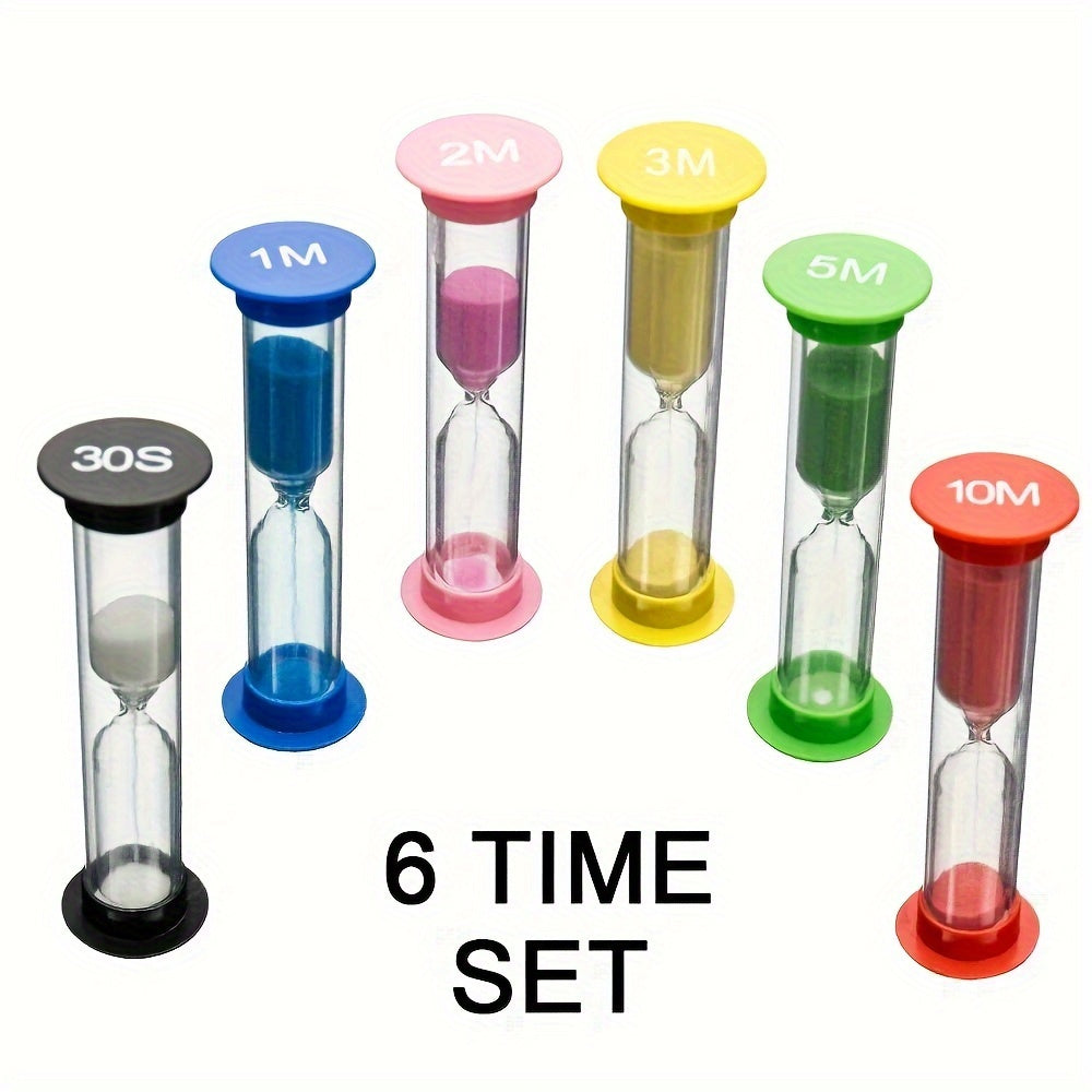 Set of 6 colorful mini sand timers for school or office.