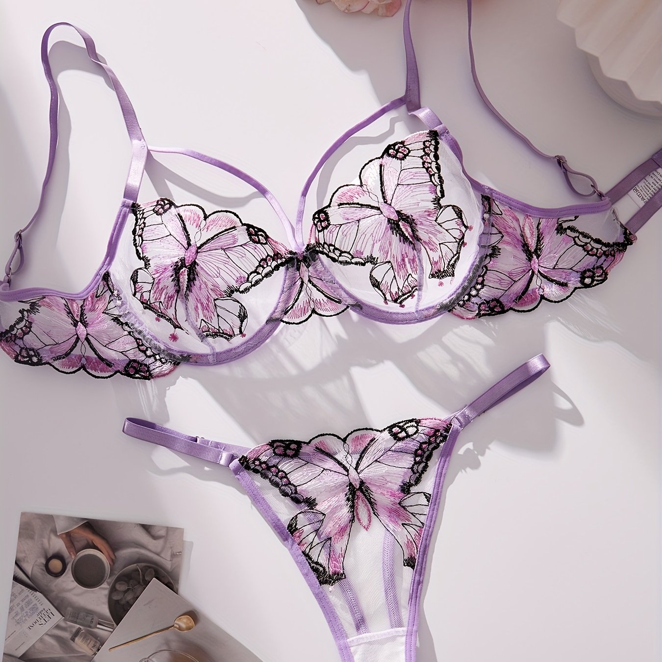 Women's Strappy Butterfly Embroidery Lingerie Set