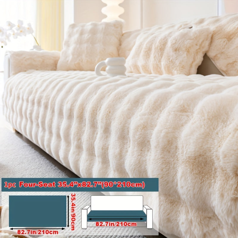 Winter plush faux fur sofa cover for pet-friendly non-slip protection, suitable for sofas up to 4 seats. Machine-washable polyester slipcover for home and office decor, making a cozy Christmas gift.