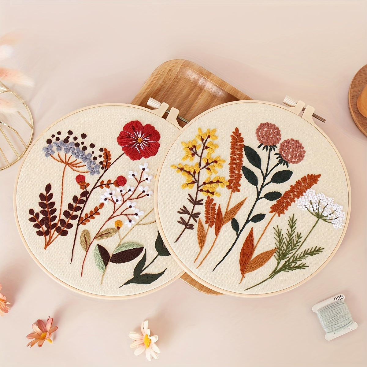 4-piece embroidery kit with floral pattern, hoops, floss threads, and needles, along with a 3-pack cross stitch kit for beginners.