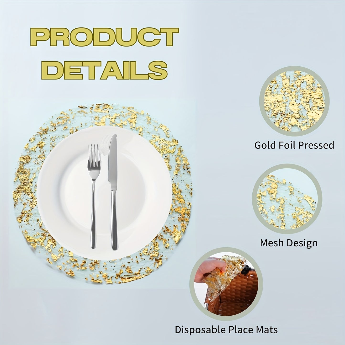 12 pieces of mesh round golden foil placemats for table decoration including coffee table mats, household bowl and plate mats, and dining table decor.