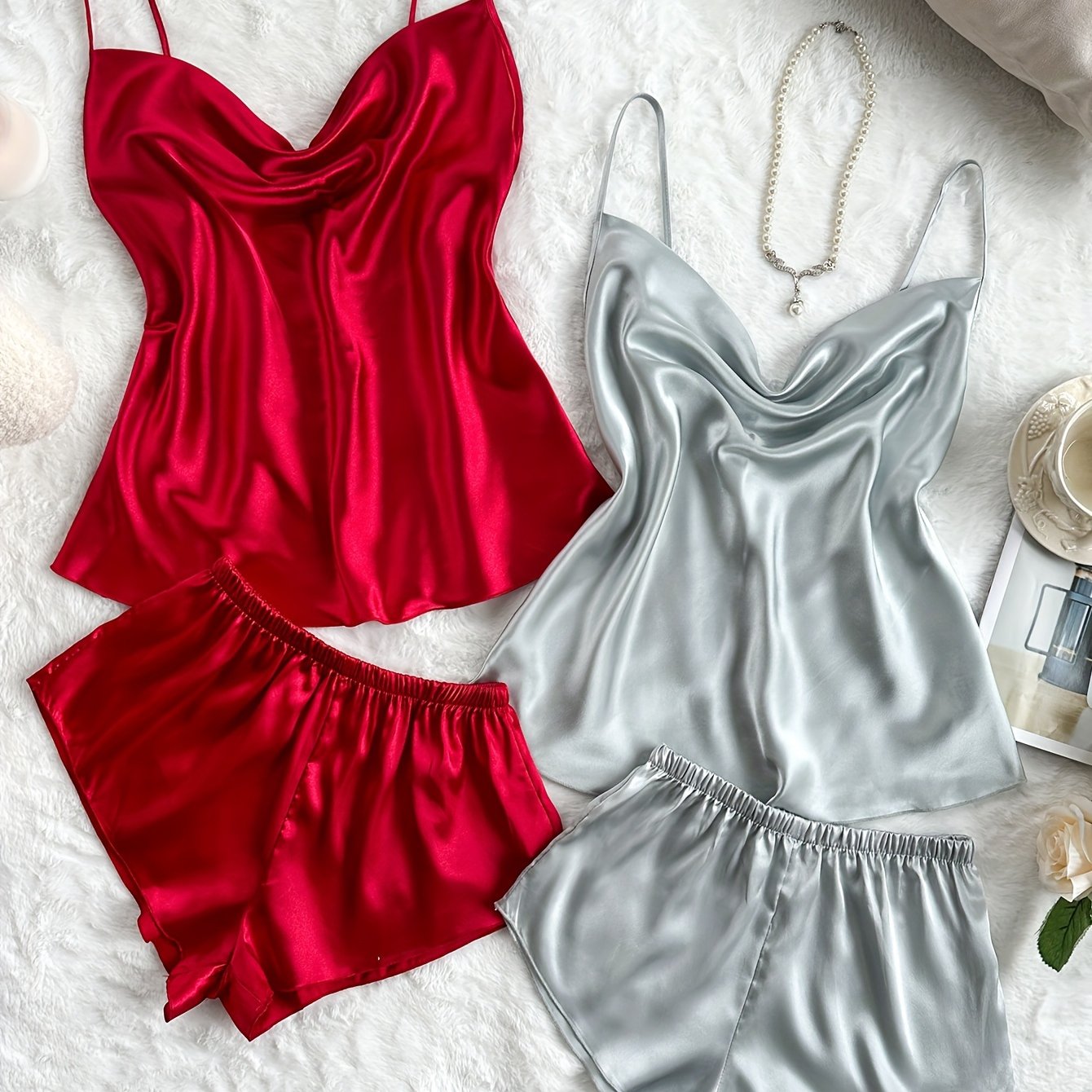 2 Sets Women's Sexy Solid Satin Pajama Set, featuring a turtleneck backless cami top and shorts for comfortable summer nightwear.