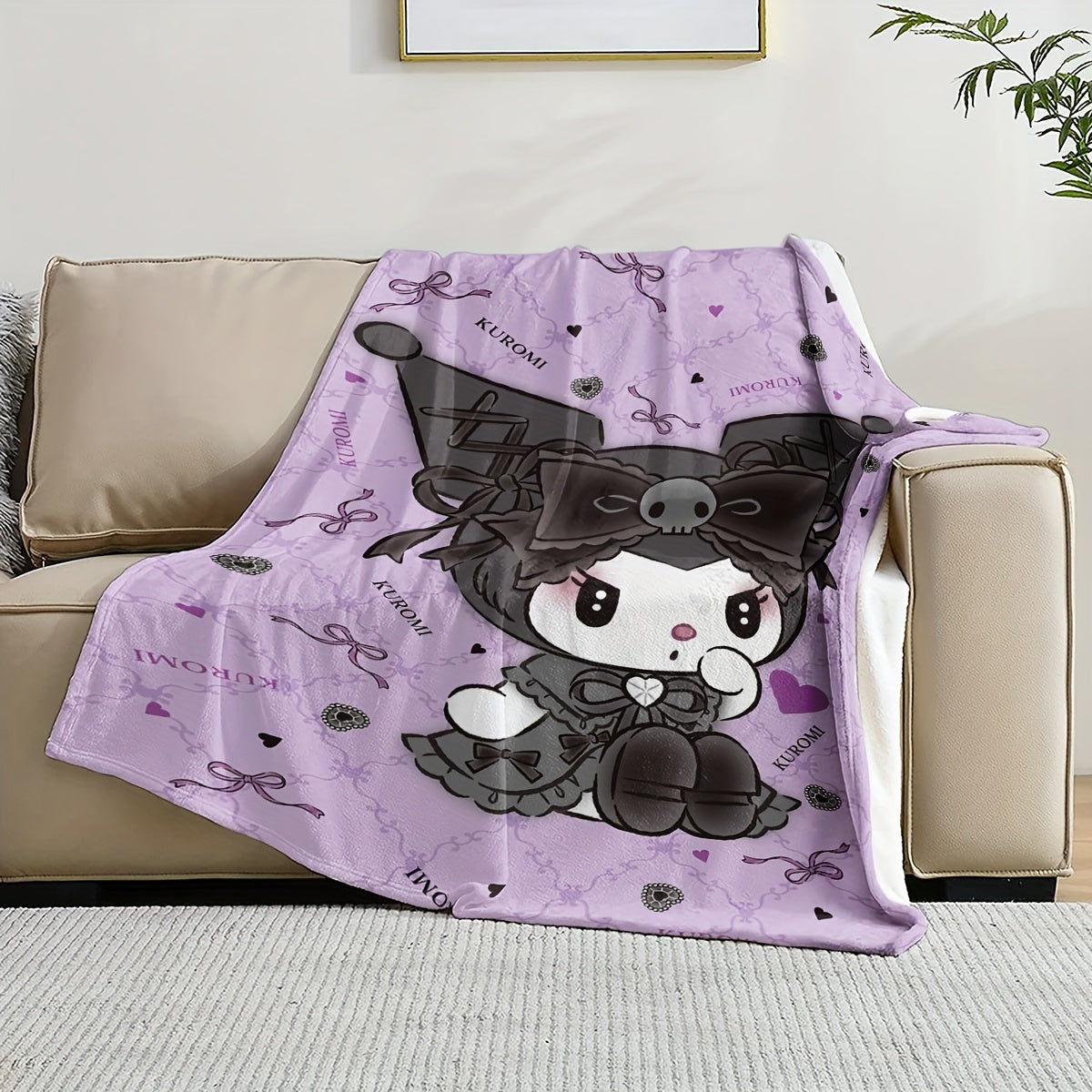 Get cozy with the Sanrio Kuromi Flannel Fleece Blanket featuring a vibrant digital print cartoon pattern. This all-season multipurpose throw is perfect for the living room, bedroom, camping, or travel. Made of 100% polyester, this blanket weighs