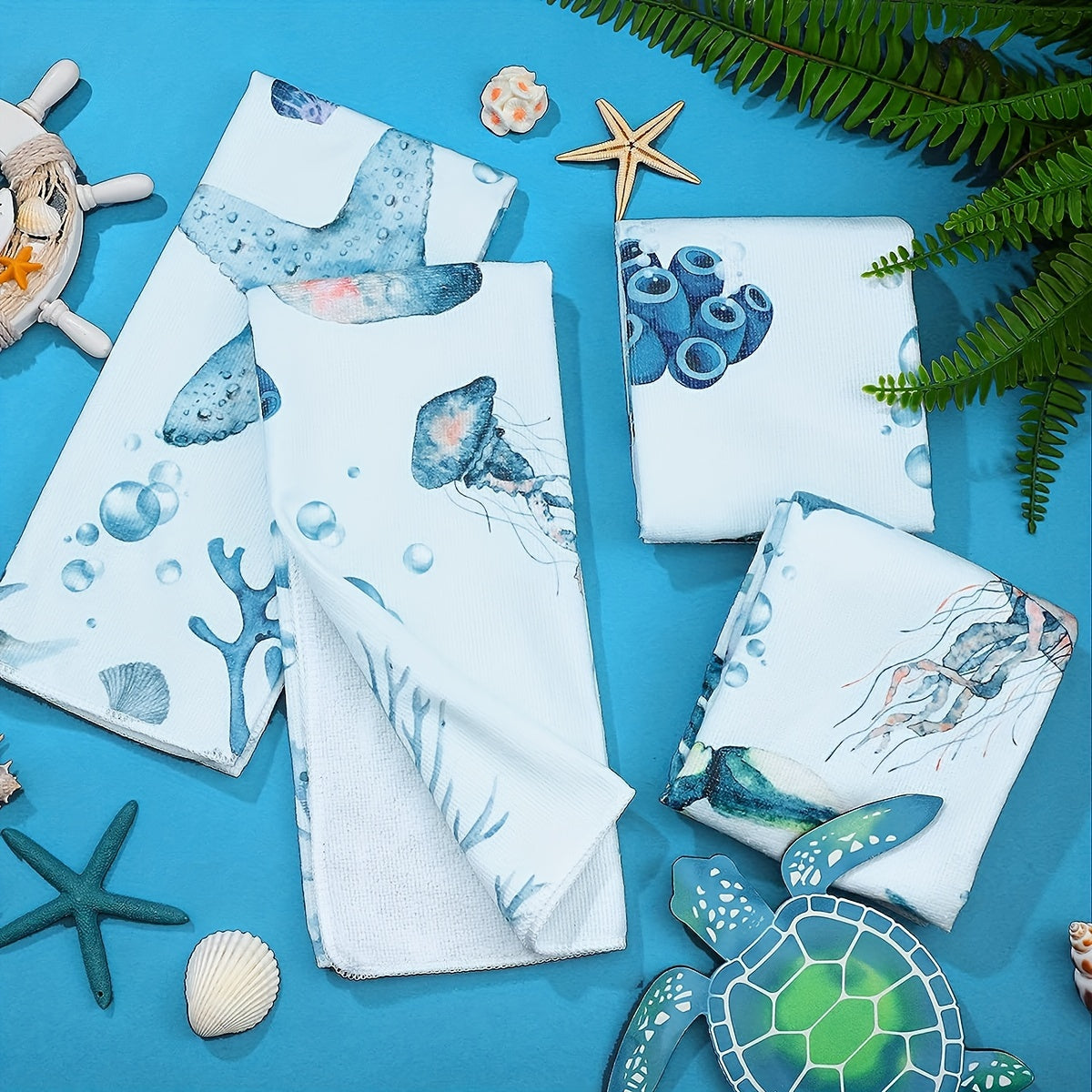 6-piece kitchen towel set featuring turtle and ocean animal design, made of ultra-soft microfiber. Absorbent and ideal for cooking, baking, and cleaning. Great for home decor, measuring 45.72x71.12 cm.