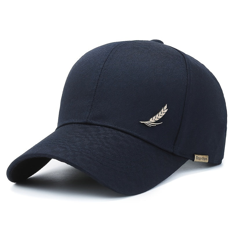 Adjustable baseball cap with wheat embroidery. Suitable for outdoor sports. One size fits most.