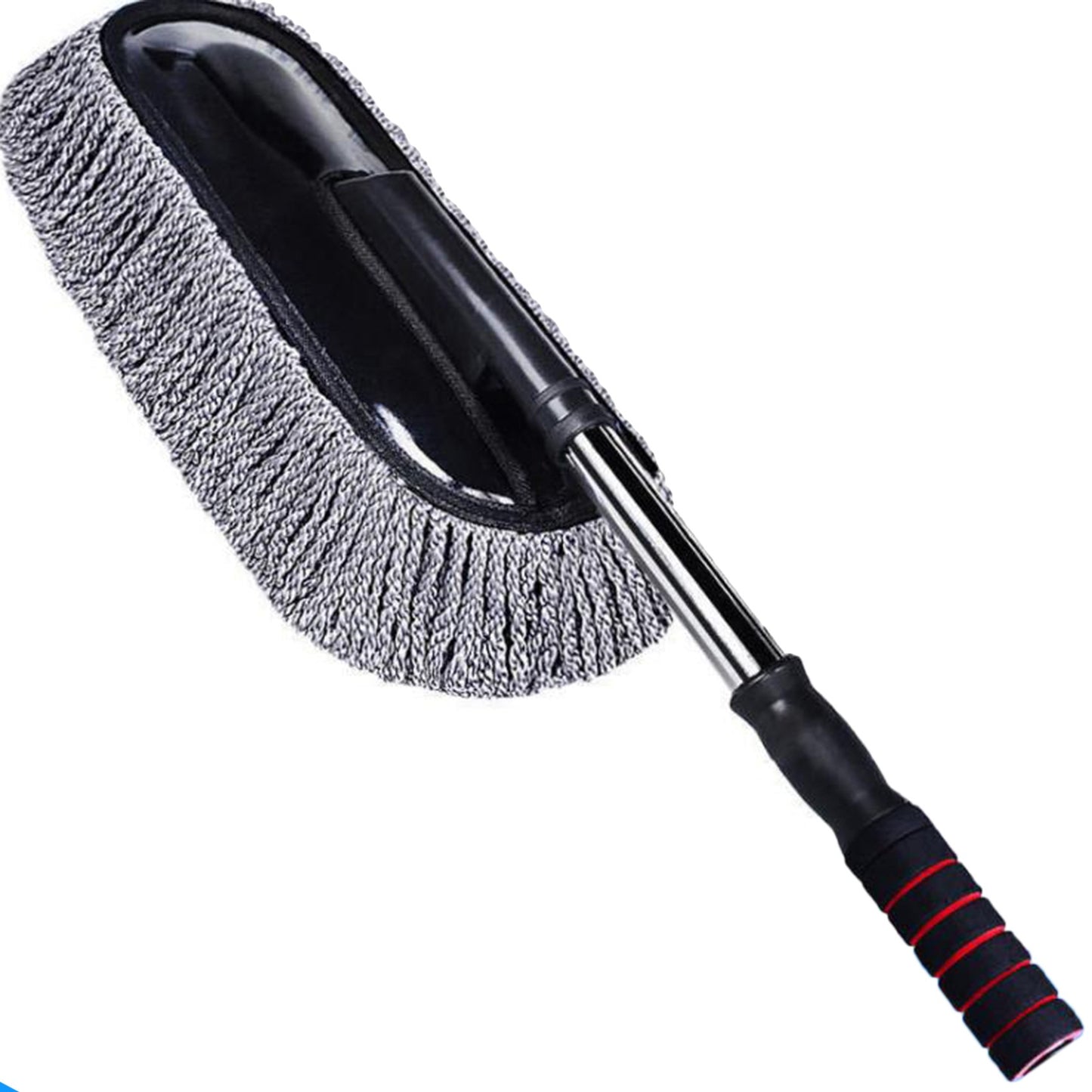 Extendable car wash mop with detachable microfiber pads for dusting and waxing, with stainless steel handle, ideal for reaching tight spaces.