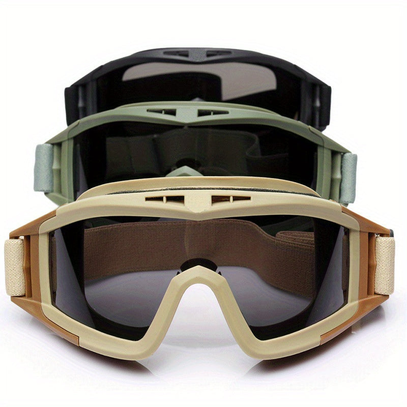 The glasses are anti-fog, anti-sand, wind and dust-resistant, with adjustable shoulder straps, perfect for outdoor activities like hiking and cycling. They come in black, khaki, and army