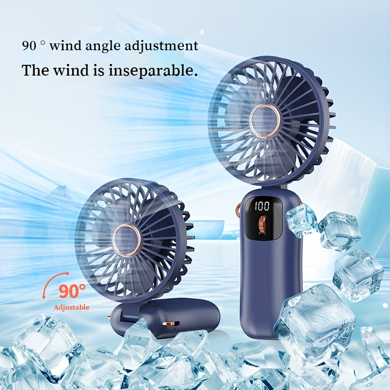 Handheld Fan with Phone Holder, Portable LED Display, Foldable Design, Adjustable Speeds, Rechargeable Battery, 90° Wind Angle, Cord Included, Suitable for Indoor & Outdoor Use, Made of Durable Plastic