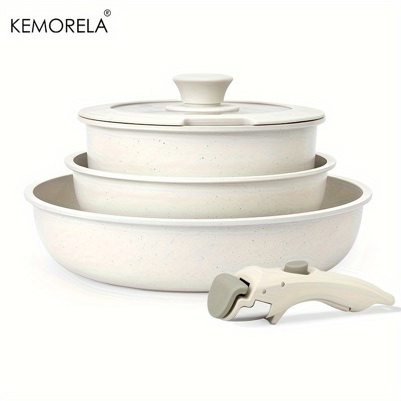 KEMORELA 5-Piece White Nonstick Cookware Set with Removable Handles - Stackable, Oven-Safe Cookware for Camping and Home Use