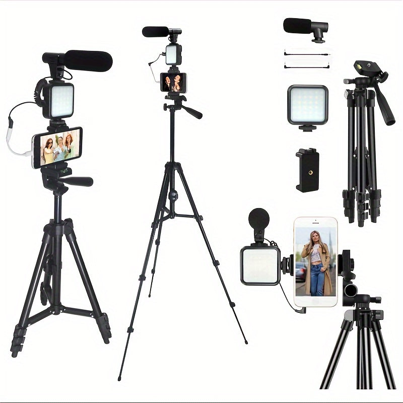 Complete Vlogging Kit includes portable tripod, pocket light, beauty fill light, microphone, ideal for live streaming & photography, USB connection, in black