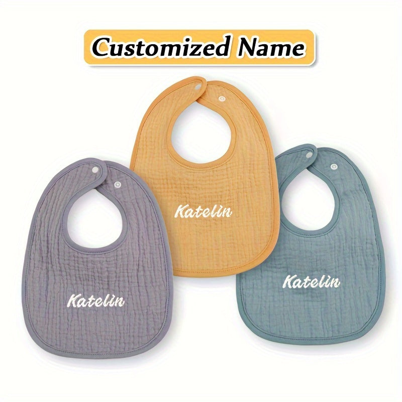 Bundle of 3 Custom Baby Bibs in Yellow, Gray, and Pink - Made with Soft Cotton and Adjustable Snap Buttons. Includes Personalized Name Service, Ideal for Newborns and Toddlers. Great for Holiday Gifting!