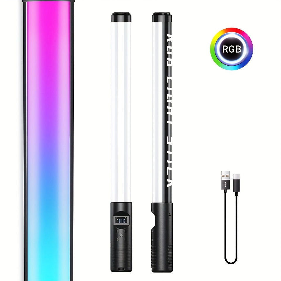 RGB LED Light Wand with adjustable brightness and temperature, USB rechargeable for parties and studio lighting.