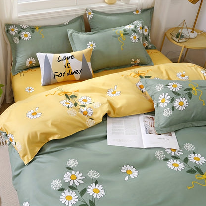 Fresh Daisy Print Duvet Cover Set includes 1 Flat Sheet, 1 Duvet Cover, and 2 Pillowcases. Soft, comfortable, and skin-friendly. Perfect for bedroom or guest room. No core included.