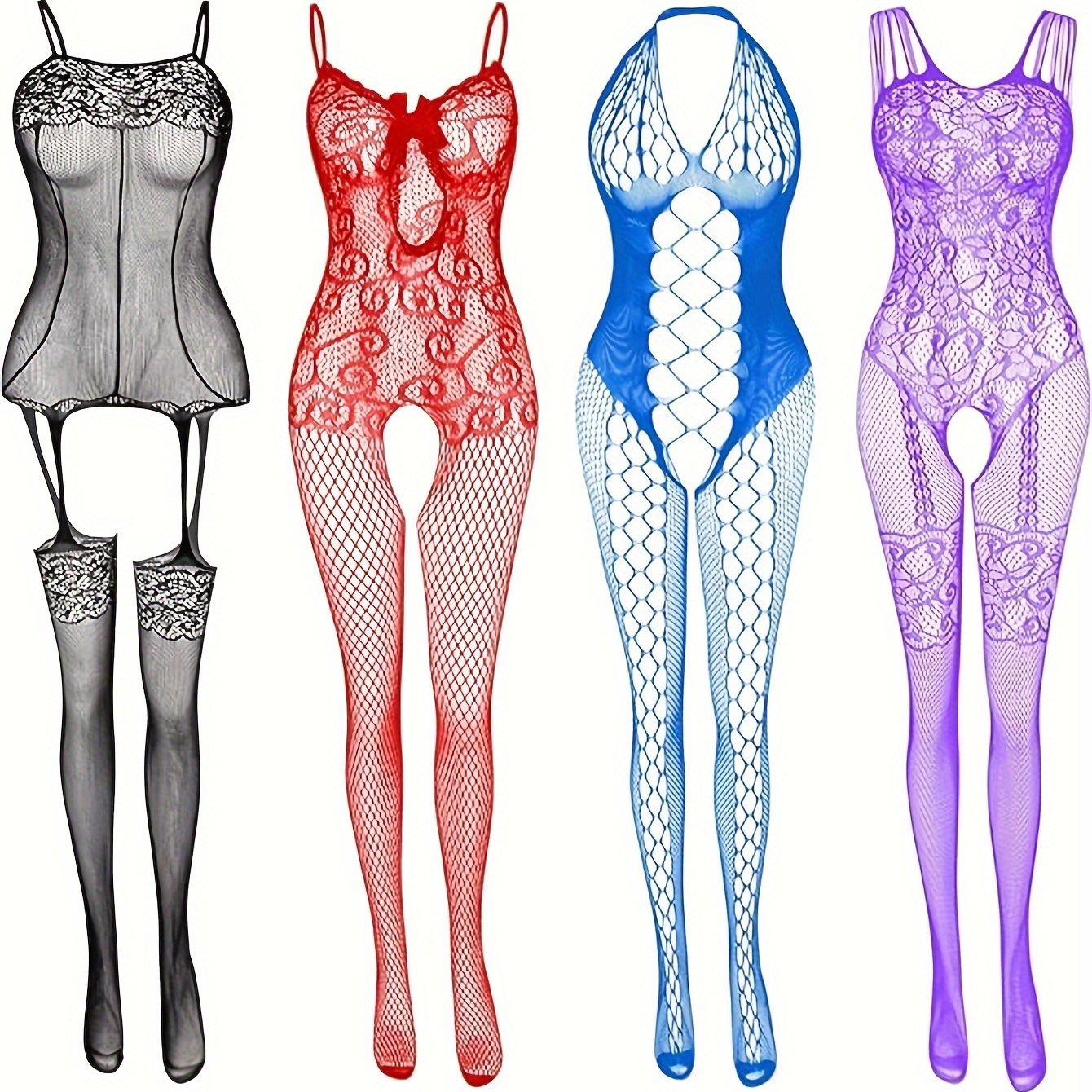 Women's sexy red lace fishnet bodysuit, perfect for date nights, parties, and special occasions. Can be worn as pajamas, underwear, or clubwear. Great for Valentine's Day, bridal nights, and honeymoons. Comfortable and elastic fit.