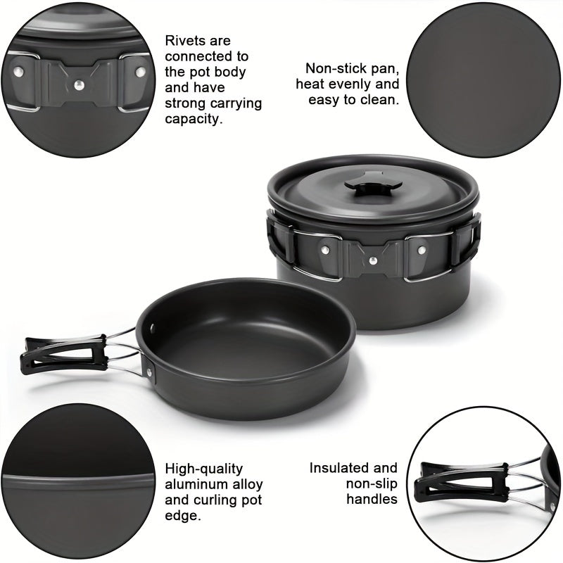 15-piece camping cookware set made of portable non-stick aluminum alloy for outdoor cooking.