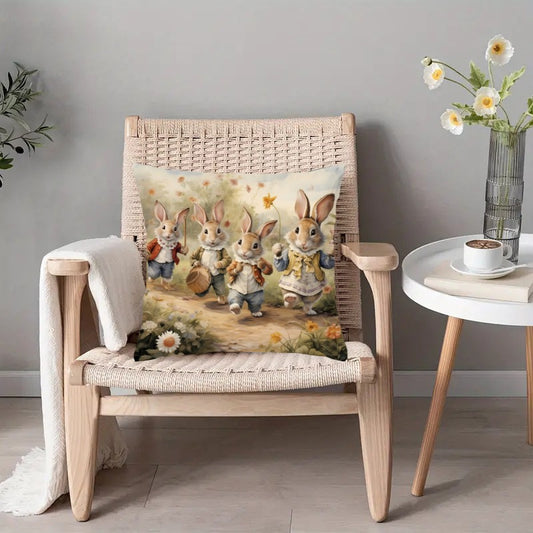 Vintage Easter Bunny Floral Egg Print Throw Pillow Cover with Zipper Closure, 45.72x45.72cm. Ideal gift for friends and holiday decor, suitable for home and outdoor use. Hand wash only.