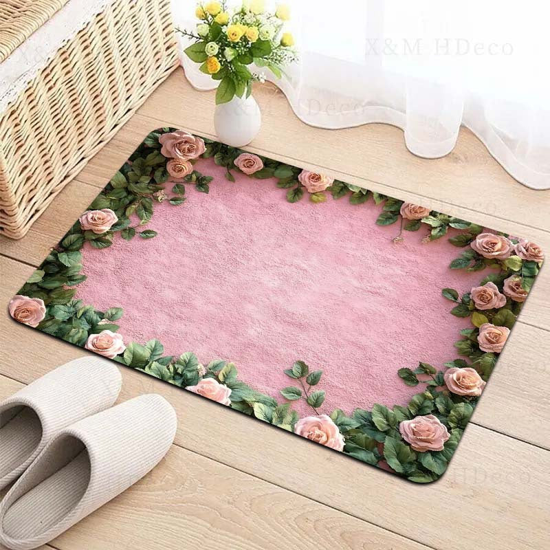 Polyester Doormat with Floral Design, Machine Washable, Non-Slip, 8mm Thick, Decorative Indoor Entrance Mat in Rectangle Shape for Kitchen, Living Room, Bedroom.