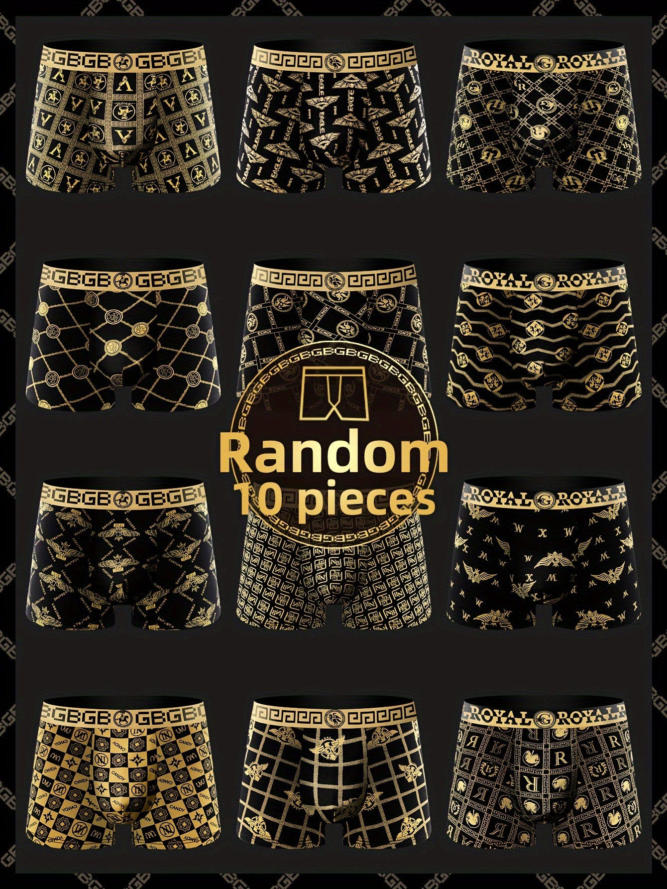 10pcs Men's Random Black Golden Series Luxury Boxer Briefs, Loose Mid Waist Breathable