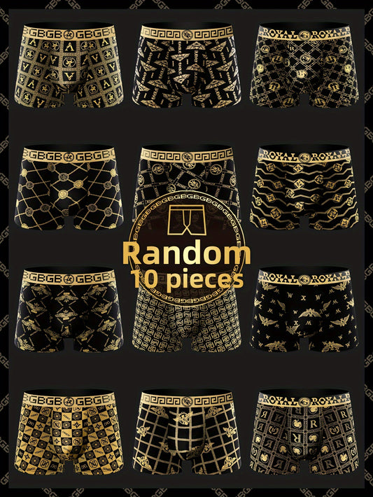 10pcs Men's Random Black Golden Series Luxury Boxer Briefs, Loose Mid Waist Breathable