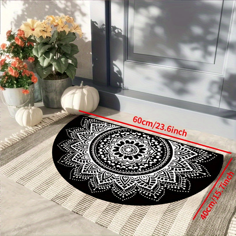 Non-Slip White Circular Lace Pattern Washable Polyester Doormat - Semi-Circle Shape, Elegant Entry Rug for Indoor, Outdoor, Bedroom, Hallway, Patio - Perfect as Photo Prop or Gift - Available in Various Sizes (15x23, 19x31, 23x35, 31x47 inches) - 1 piece