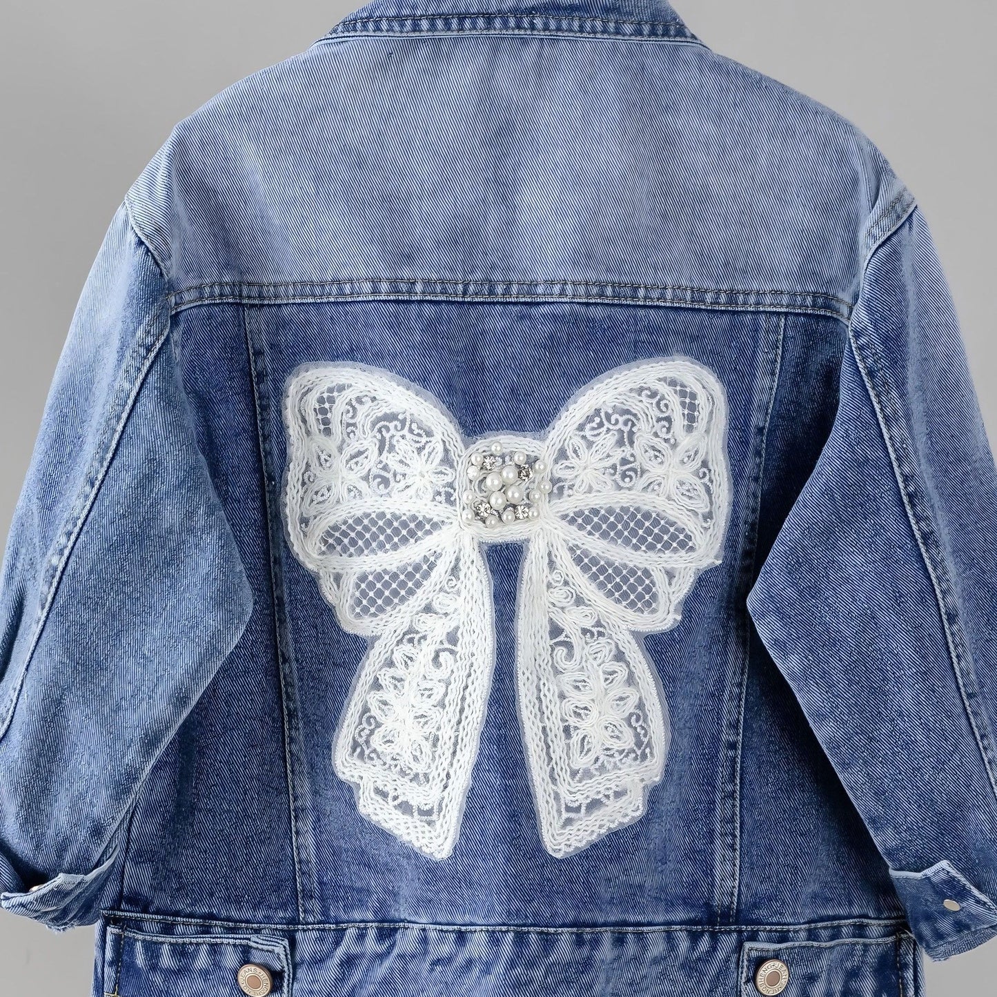 1pc Girls' Denim Jacket with Lace Butterfly Detail, Casual Style, Collared, Button-Up, Cotton Blend, Stretch Fabric, All-Season - H Line Cut