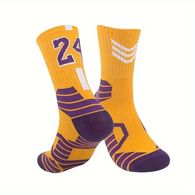 9 pairs of men's trendy basketball socks with 23 & 24 number print, providing comfort, breathability, and shock absorption for outdoor activities.