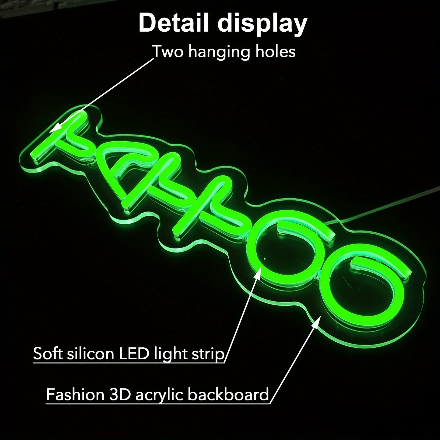 Green Tattoo Neon sign with dimmable LED lights for beauty salon or custom shop, suitable for man caves. Can be powered using USB.