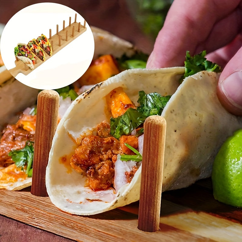 Wooden Taco Holder tray holds 8 soft or hard shell tacos, also suitable for tortillas and burritos. Made of bamboo, can be used as a kitchen organizer tool.