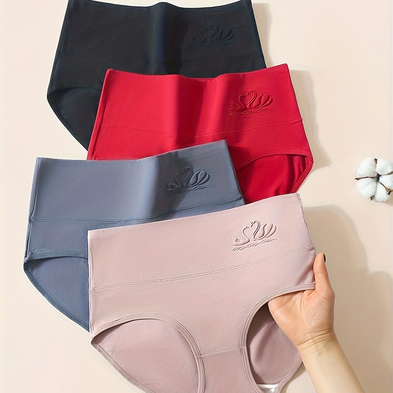 Simple solid high waist panties, breathable and comfy, women's lingerie and underwear, 4 pieces.