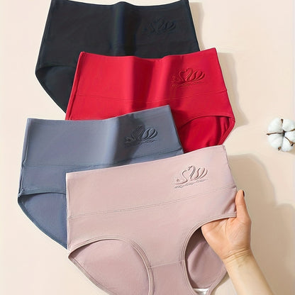 Simple solid high waist panties, breathable and comfy, women's lingerie and underwear, 4 pieces.