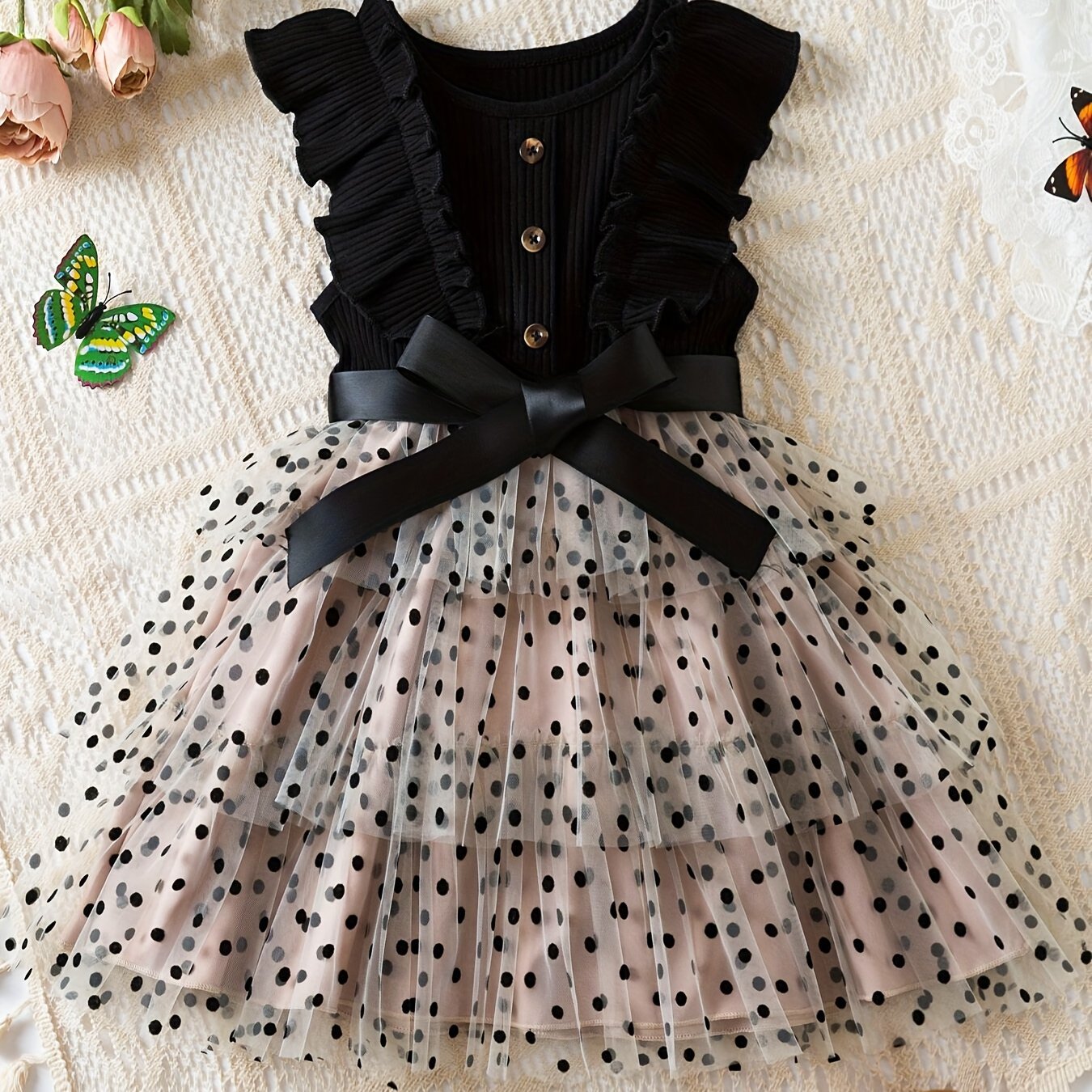 Kids' Summer Polka Dot Tulle Princess Dress, A-Line Fairy Style with Button Accents, 65% Polyester Non-Stretch Fabric