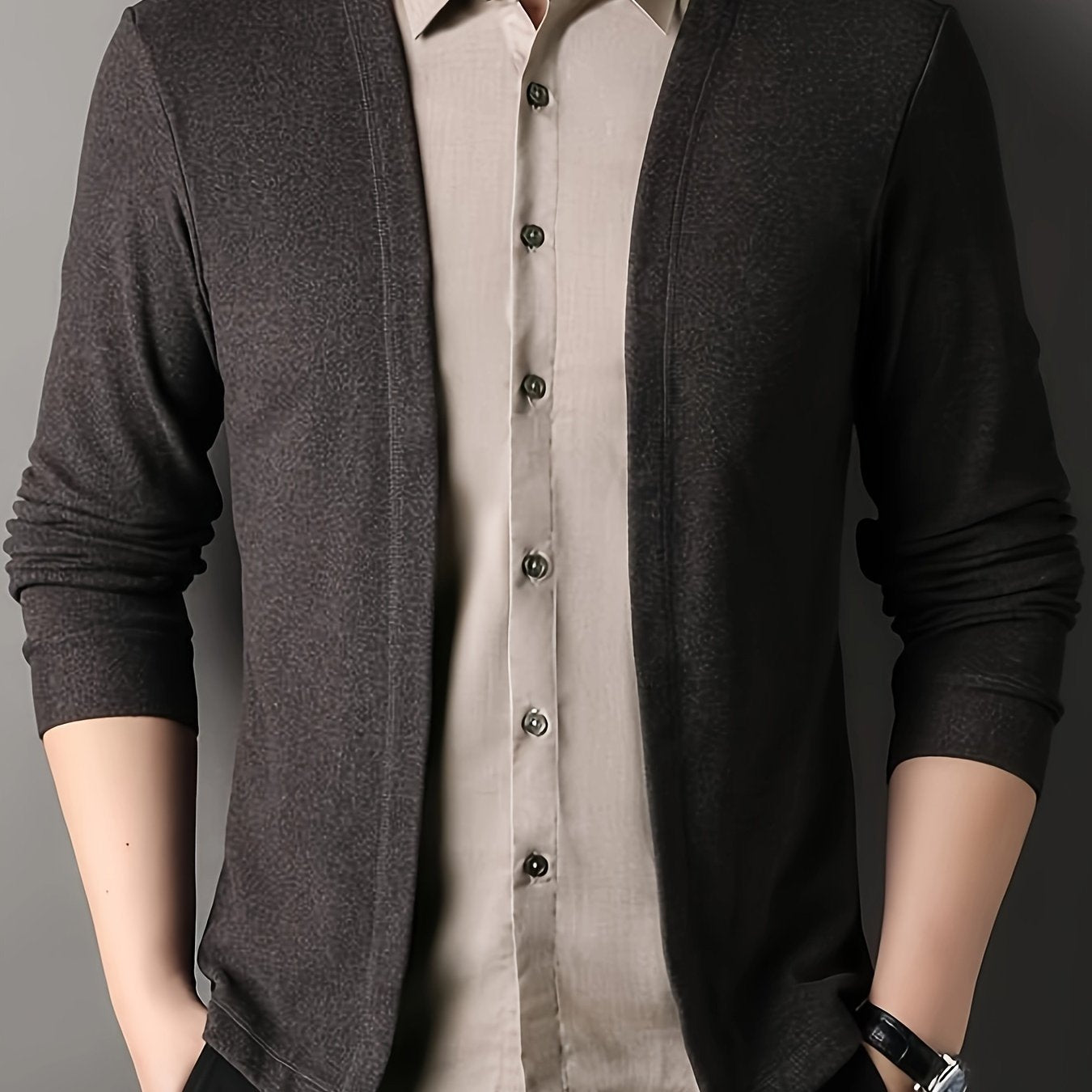 Men's two-piece color-blocked casual shirt with long sleeves and a collared neckline.