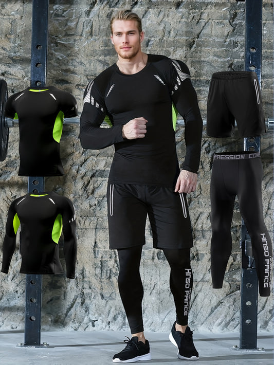 Men's athletic set includes quick-dry, stretchy compression gear with long sleeve top, shorts, jacket, and leggings in black and green. Made of polyester/spandex blend. Perfect for gym