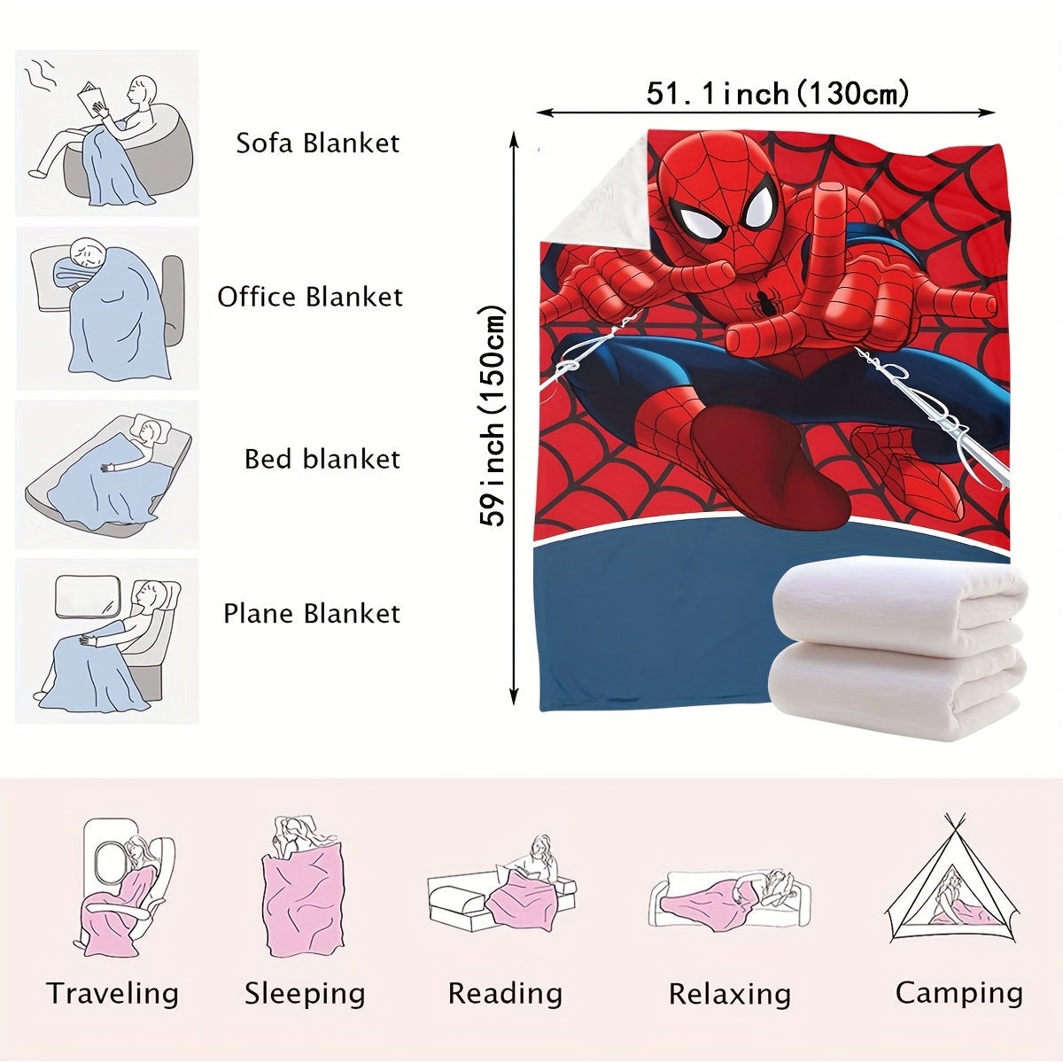 Soft, cozy Spider-Man plush throw blanket ideal for all seasons - perfect for gifting for couch, bed, travel, and car use.