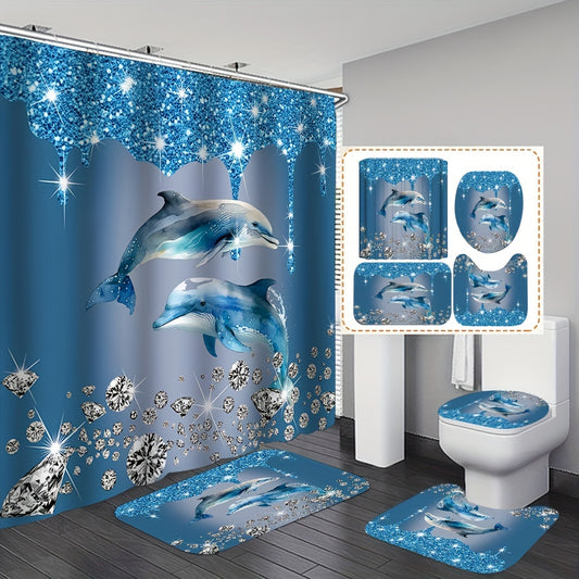 Dolphin-themed shower curtain set with bath mat & rug. Waterproof polyester, easy care. Ideal for ocean-themed bathroom decor.