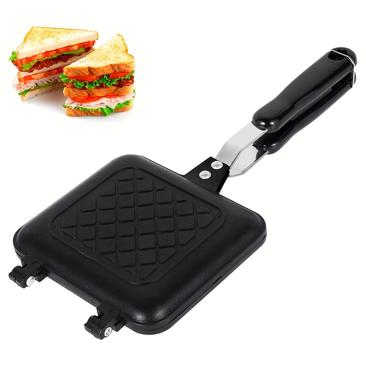 Double sided bread frying pan with non-stick surface and a barbecue plate. This versatile kitchen tool can be used as a sandwich toaster, mold, toastie maker, and waffle maker. It is heat-resistant and perfect for various purposes in the kitchen, school