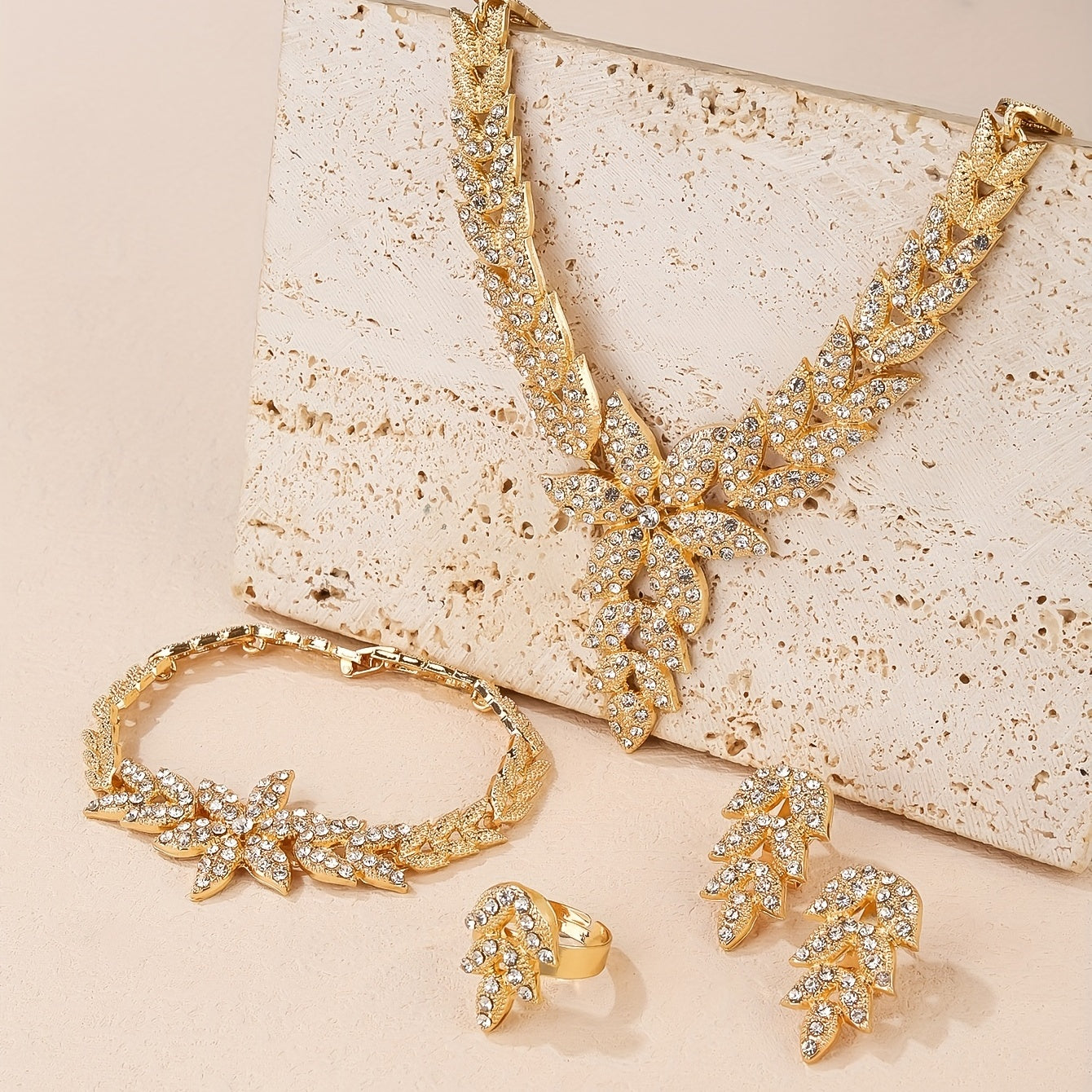 Beautiful Wedding Jewelry Set for Women: Gold Leaf Rhinestone Necklace, Ring, Earrings, and Bracelet - Perfect Gifts for Eid