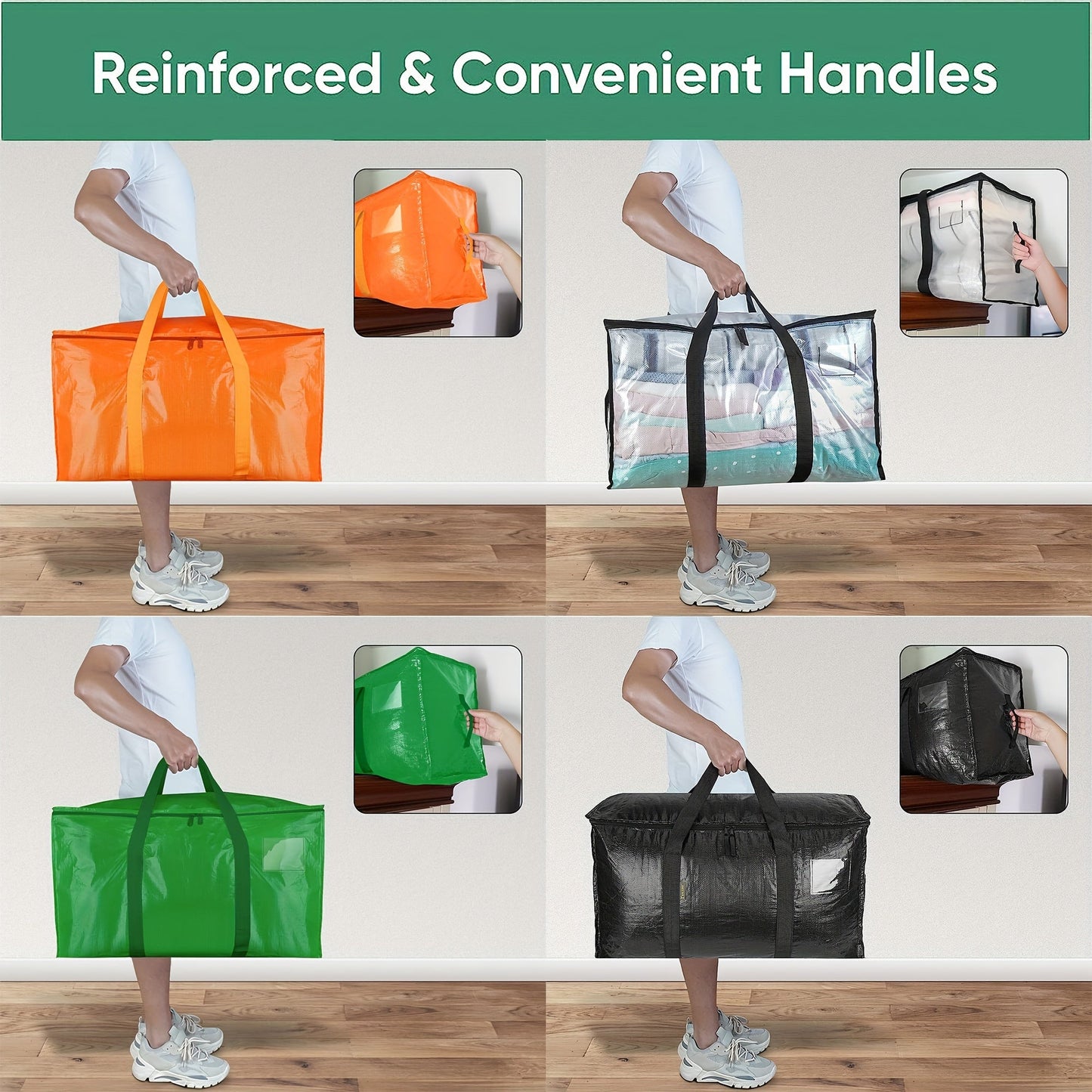 Extra Large Moving Bags with Zippers, Carrying Handles, Heavy-Duty Storage - Pack of 2/4/6. Perfect for organizing and saving space in your bedroom, home, closet, or wardrobe.