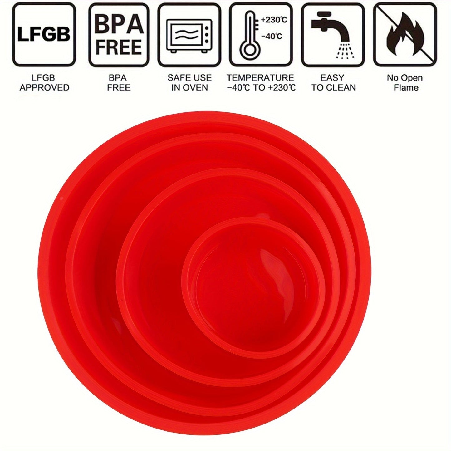 Set of 4 Red Silicone Mini/Large Cake Molds in varying sizes (10.16cm, 15.24cm, 20.32cm, 25.4cm) - Non-Stick Round Baking Pans for Muffin, Cupcake, Layer Cake, Cheese Cake, and Rainbow Cake - Bakeware Pan Reusable Cake Pans