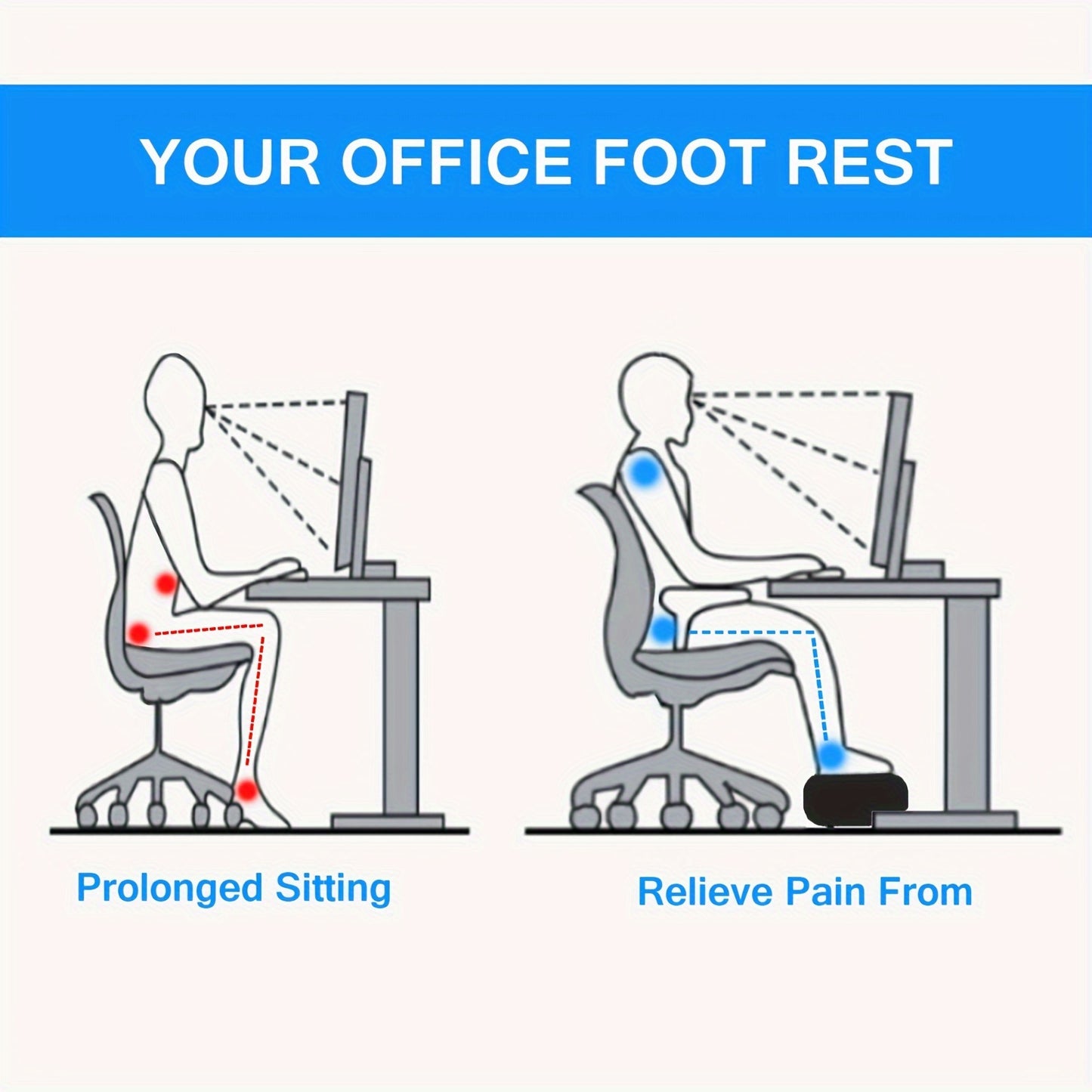 Under desk foot rest with washable cover, adjustable height for car, home, and office.