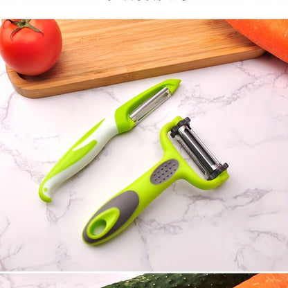 Set of 3 kitchen tools including fruit peeler, vegetable peeler, and grater. Can also be used as a shredder and multifunctional vegetable cutter. Great for cutting and peeling fruits and vegetables in the kitchen. Essential for dorm living.