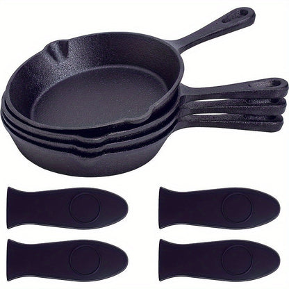 Set of 4 premium black, pre-seasoned cast iron frying pans - includes oven safe skillet, grill pan, nonstick cookware and bakeware perfect for casserole dish cooking in the fall season.