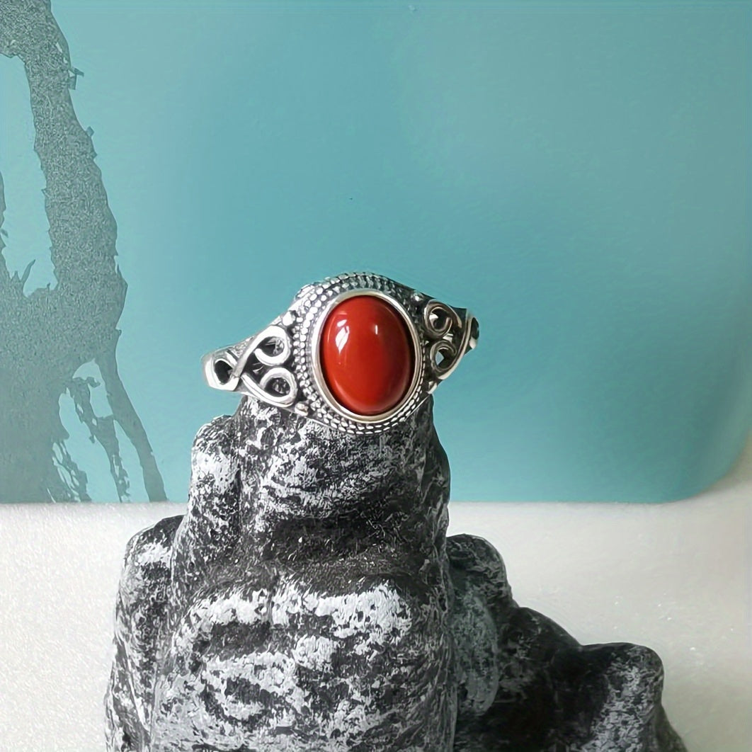 A stylish women's ring with a retro ethnic design, featuring a 925 Silvery inlay and a synthetic red coral stone. Ideal for both everyday wear and special occasions, making it a great gift for Christmas or Valentine's Day.