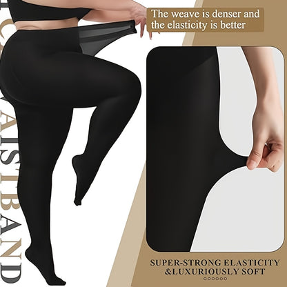 Plus size women's black high-waist stretchy tights with dual-layer nylon/spandex, slim fit, suitable for casual and home wear. Machine washable. Leggings for plus size.